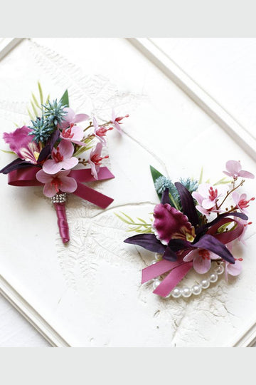 Wedding Burgundy Wrist Corsage and Boutonniere Set